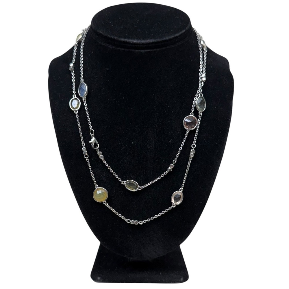 LOFT Silver Tone Layering Long Station Necklace Multicolor Stones Jewelry 18.5